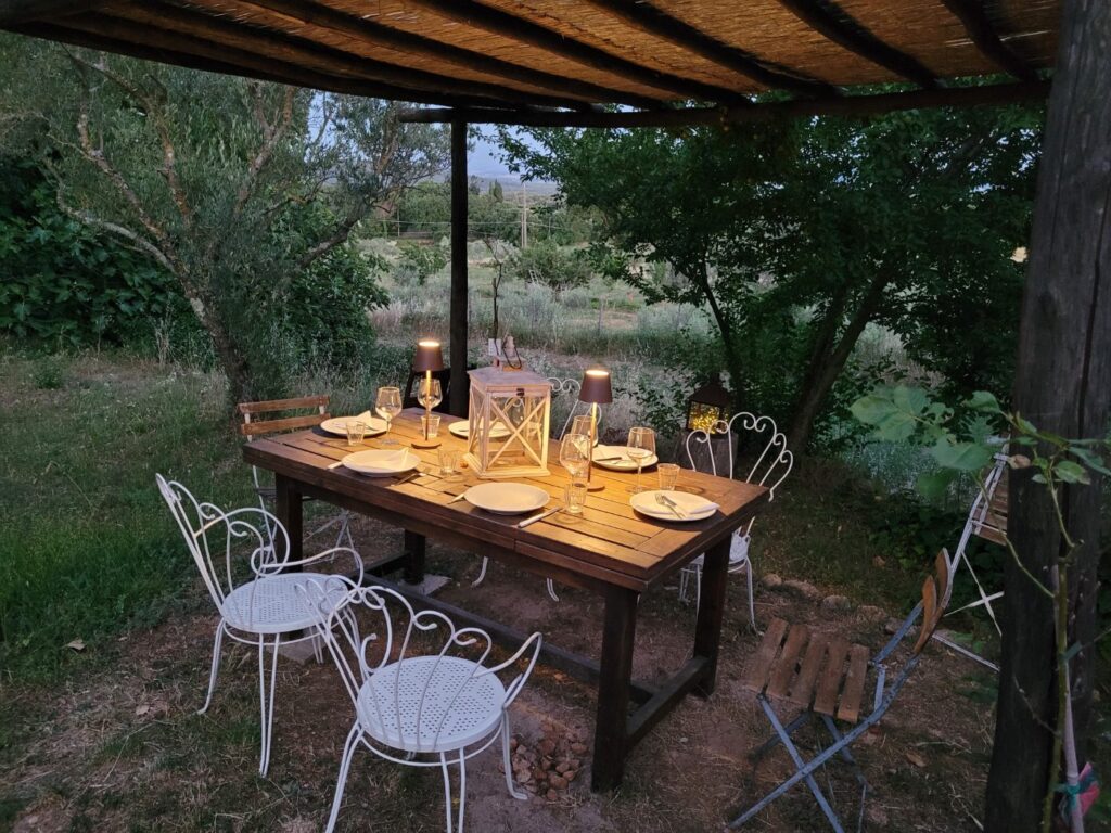 The porch with the long wooden table